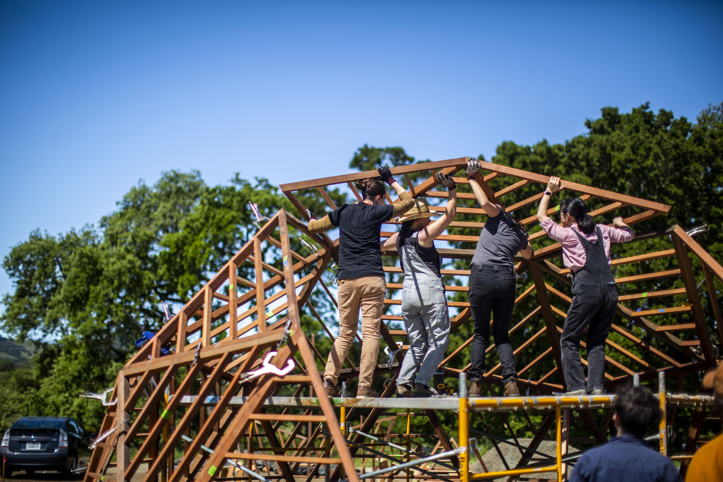 Wide shot of installing the ceiling frames of the geodesic dome